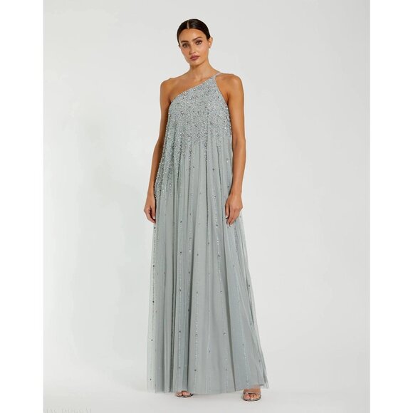 MAC DUGGAL Sage Green One Shoulder Embellished Trapeze A Line Gown Size 14 NEW N - Picture 1 of 5